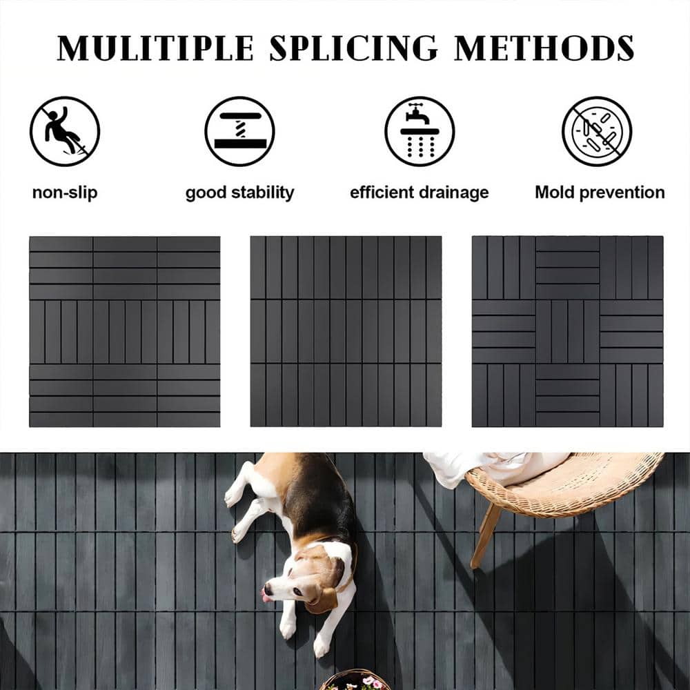 GOGEXX 12 in.W x 12 in. L Outdoor Striped Pattern Square Plastic Interlocking Flooring Deck Tiles (Pack of 44 Tiles)in Gray