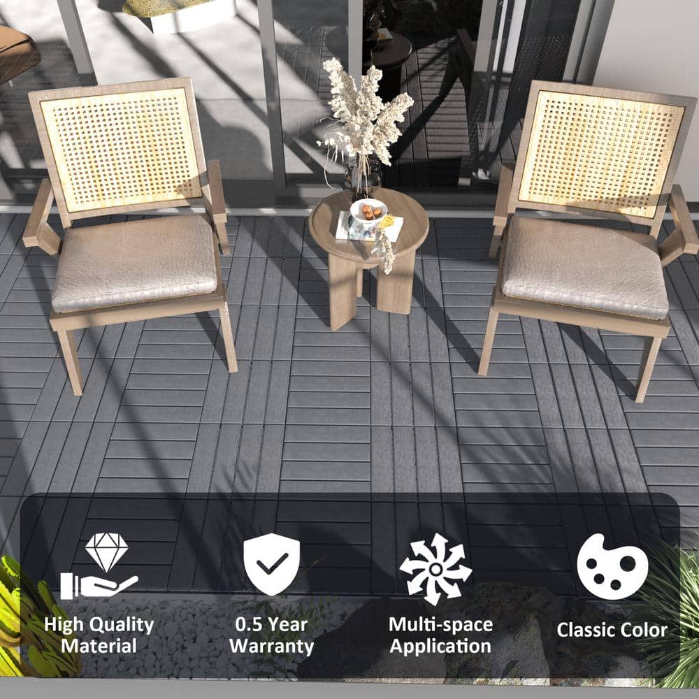 GOGEXX 12 in.W x 12 in. L Outdoor Striped Pattern Square Plastic Interlocking Flooring Deck Tiles (Pack of 44 Tiles)in Gray