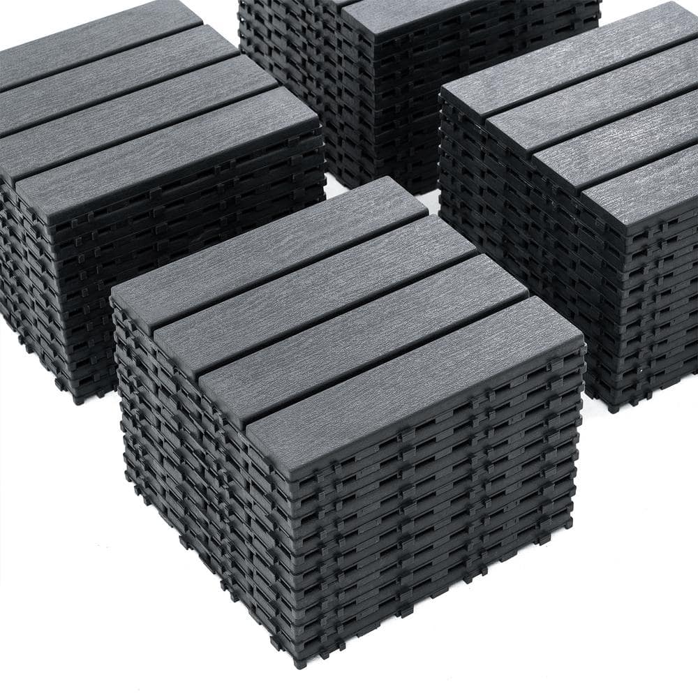 GOGEXX 12 in.W x 12 in. L Outdoor Striped Pattern Square Plastic Interlocking Flooring Deck Tiles (Pack of 44 Tiles)in Gray