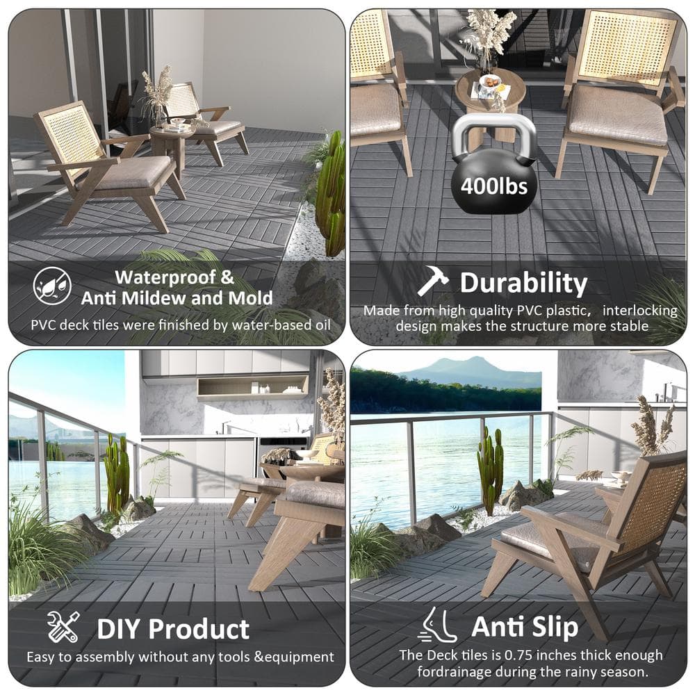 GOGEXX 12 in.W x 12 in. L Outdoor Striped Pattern Square Plastic Interlocking Flooring Deck Tiles (Pack of 44 Tiles)in Gray