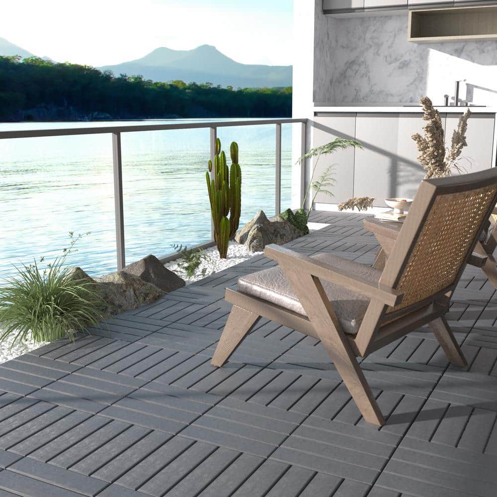 GOGEXX 12 in.W x 12 in. L Outdoor Striped Pattern Square Plastic Interlocking Flooring Deck Tiles (Pack of 44 Tiles)in Gray