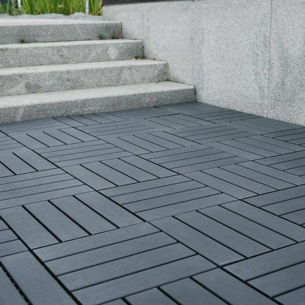 GOGEXX 12 in.W x 12 in. L Outdoor Striped Pattern Square Plastic Interlocking Flooring Deck Tiles (Pack of 44 Tiles)in Gray