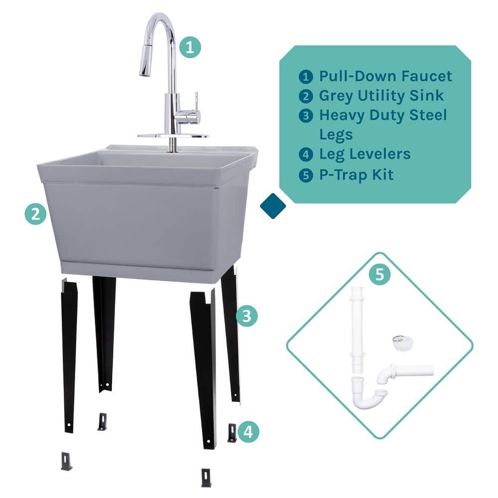 TEHILA Utility Sink Set with Metal Hybrid Chrome Faucet, Grey