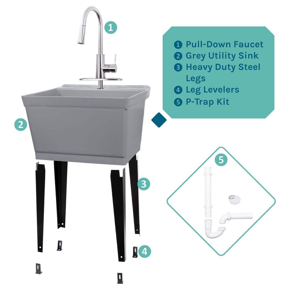 TEHILA Grey Utility Sink Set with Pull-Down Faucet - 22.875 x 23.5 in. 19 Gal.
