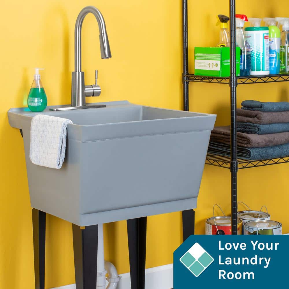 TEHILA Grey Utility Sink Set with Pull-Down Faucet - 22.875 x 23.5 in. 19 Gal.