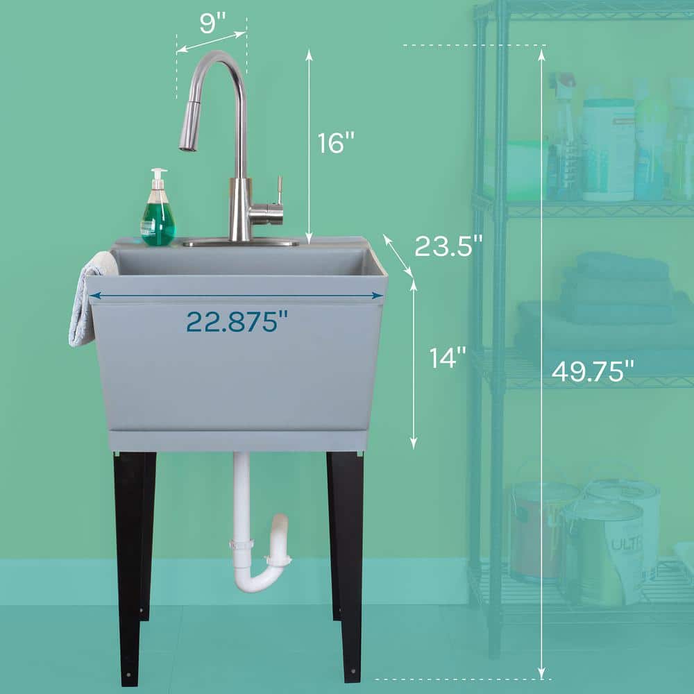 TEHILA Grey Utility Sink Set with Pull-Down Faucet - 22.875 x 23.5 in. 19 Gal.