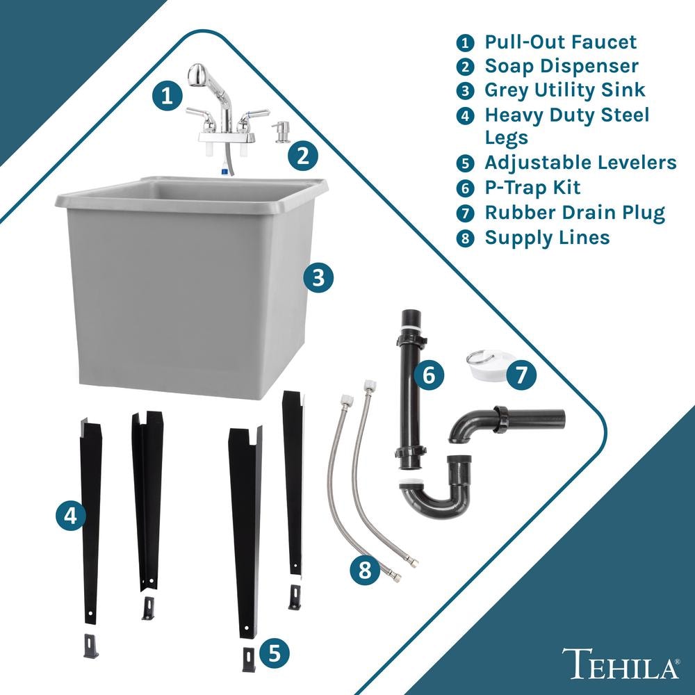 TEHILA 17.75" x 23.25" Thermoplastic Freestanding Space Saver Utility Sink with Chrome Faucet & Soap Dispenser