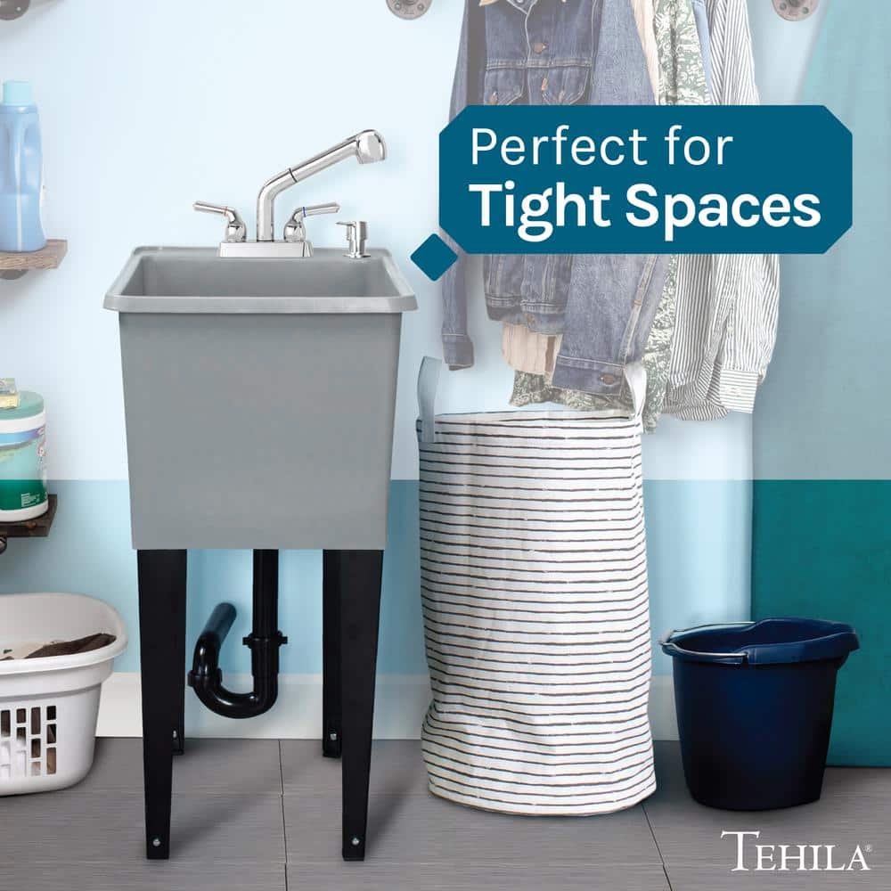 TEHILA 17.75" x 23.25" Thermoplastic Freestanding Space Saver Utility Sink with Chrome Faucet & Soap Dispenser