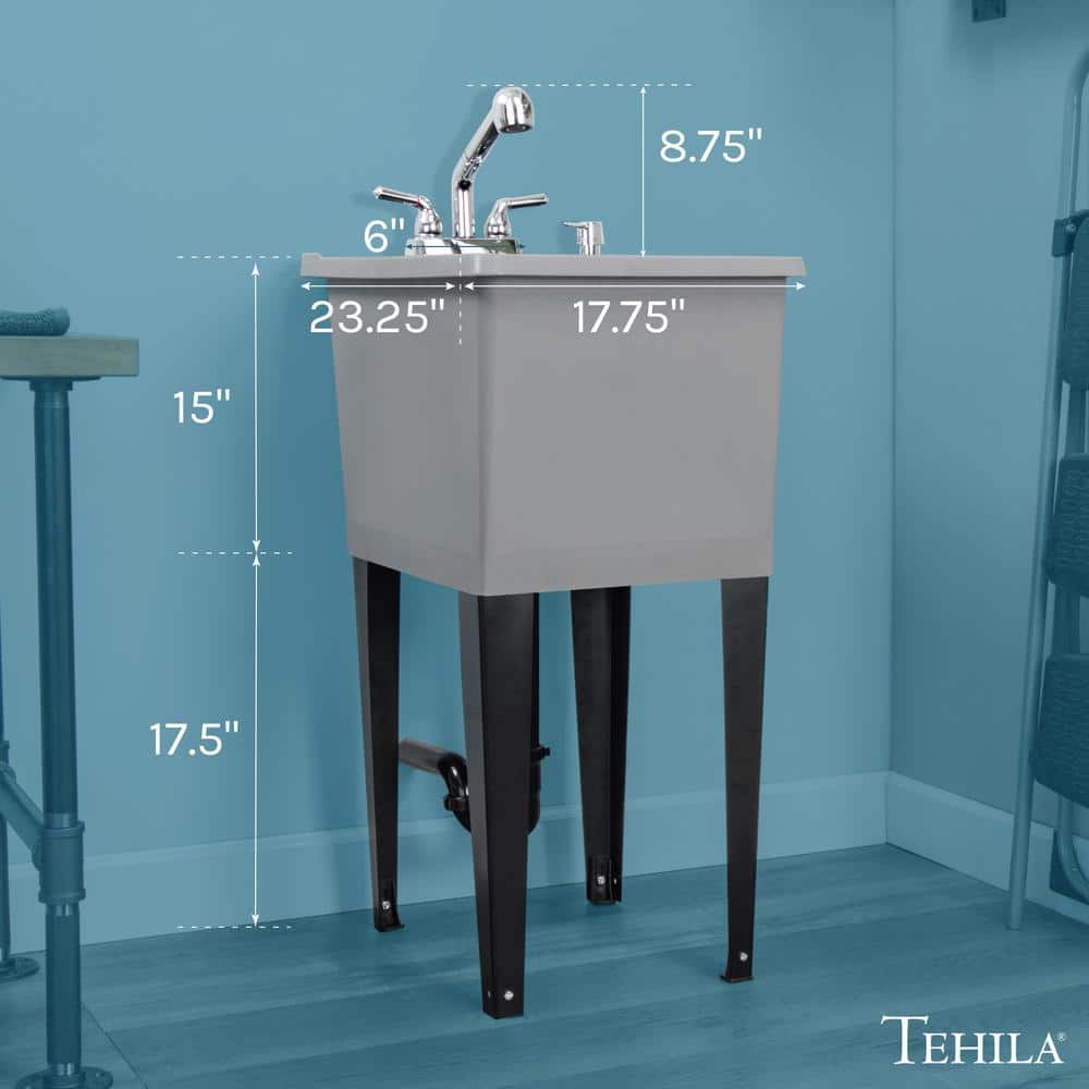 TEHILA 17.75" x 23.25" Thermoplastic Freestanding Space Saver Utility Sink with Chrome Faucet & Soap Dispenser