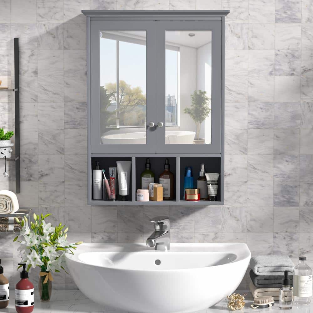 VEIKOUS 23.6 in. W x 30.4 in. H Rectangular Surface-Mount Bathroom Medicine Cabinet with Mirrors and Shelves in Gray
