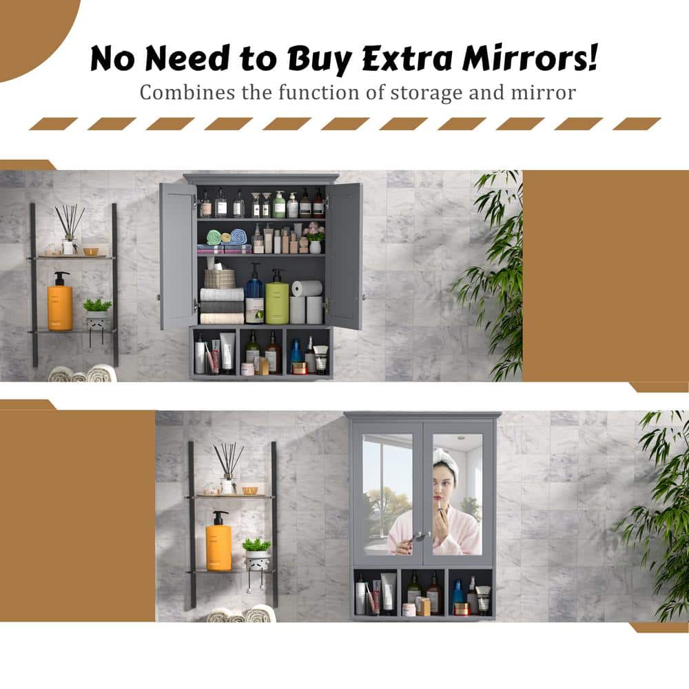 VEIKOUS 23.6 in. W x 30.4 in. H Rectangular Surface-Mount Bathroom Medicine Cabinet with Mirrors and Shelves in Gray