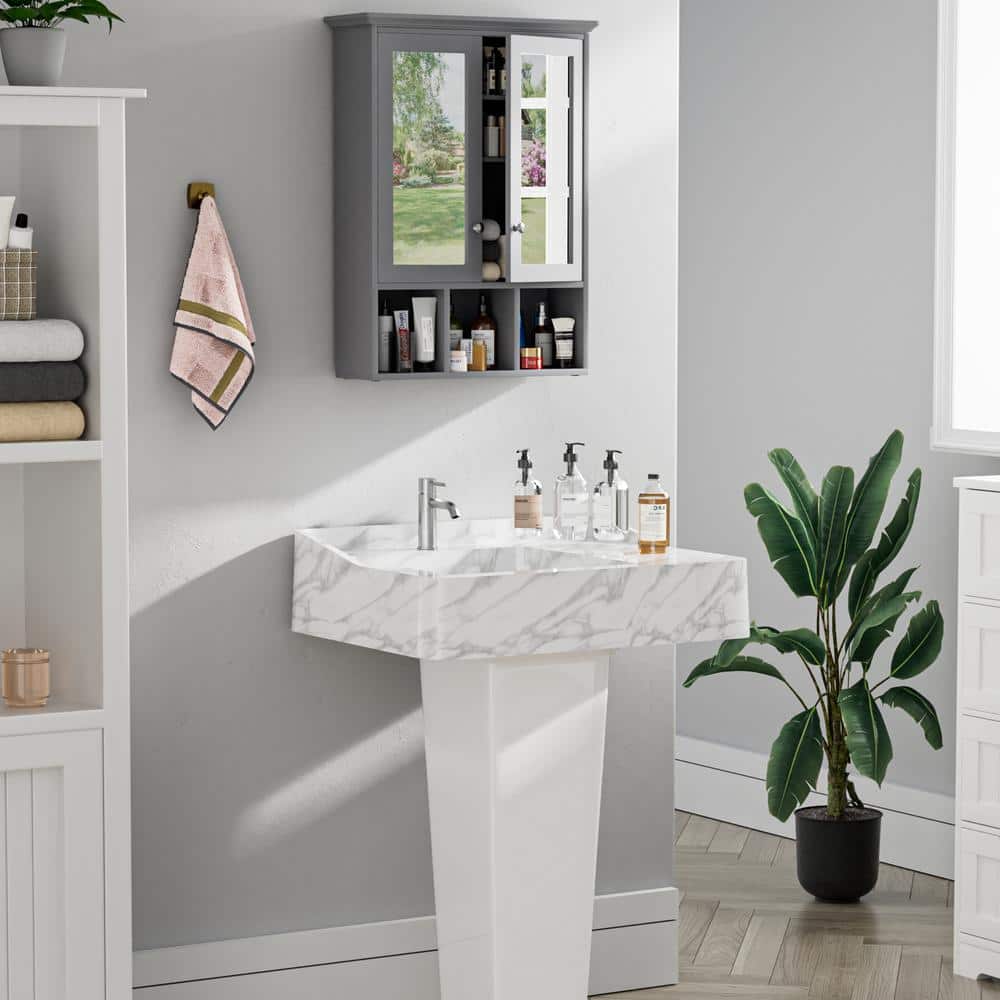 VEIKOUS 23.6 in. W x 30.4 in. H Rectangular Surface-Mount Bathroom Medicine Cabinet with Mirrors and Shelves in Gray