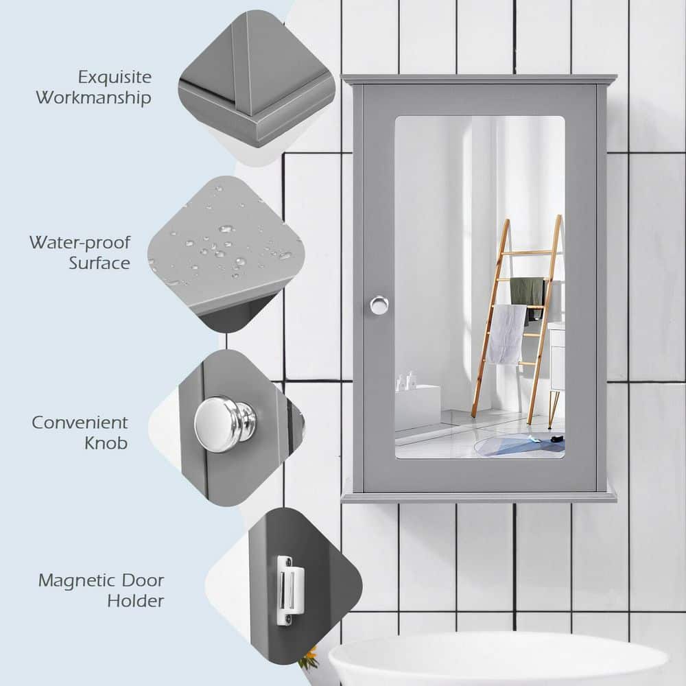 WELLFOR 13.5 in. W x 21 in. H Rectangular Gray MDF Surface Mount Medicine Cabinet with Mirror Door