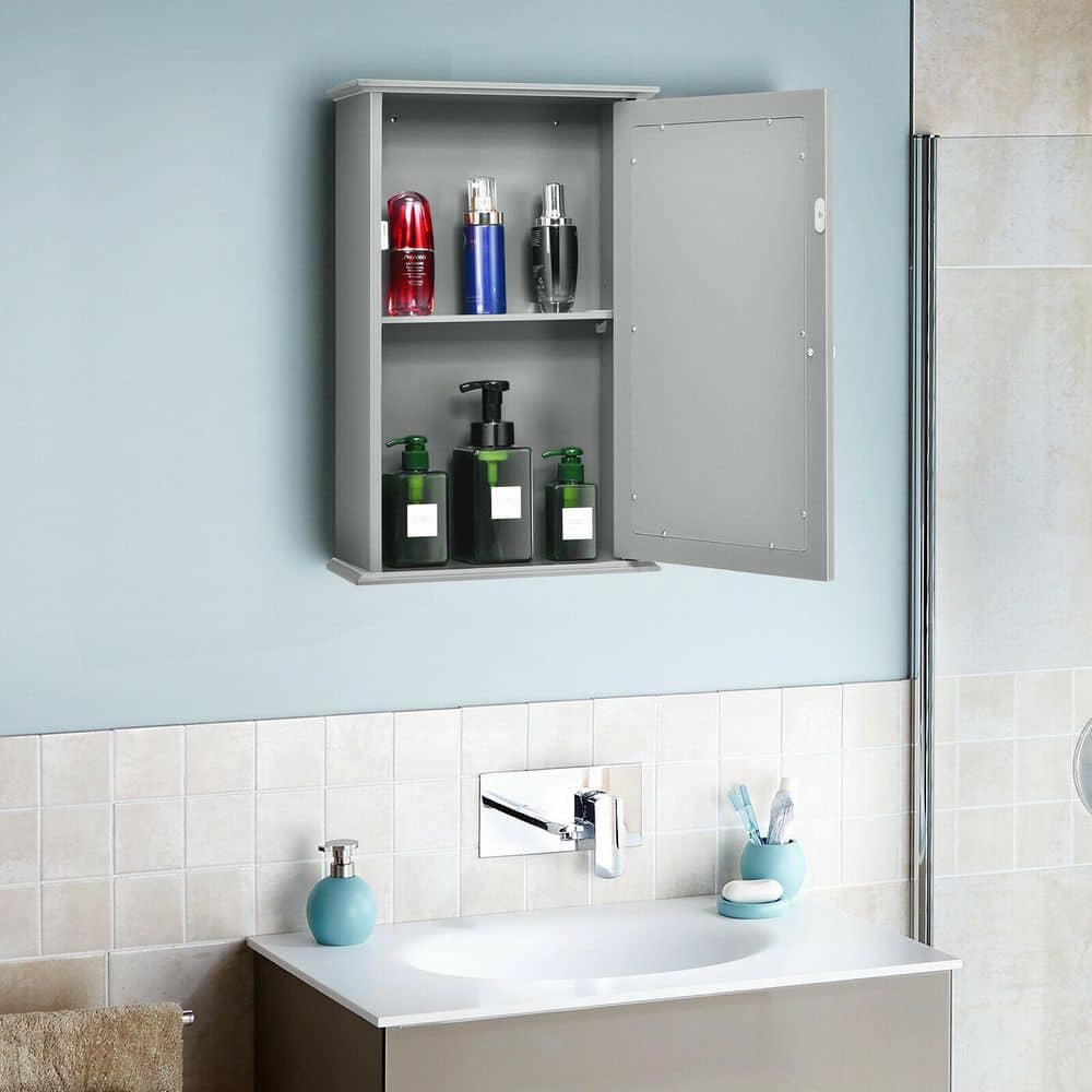 WELLFOR 13.5 in. W x 21 in. H Rectangular Gray MDF Surface Mount Medicine Cabinet with Mirror Door