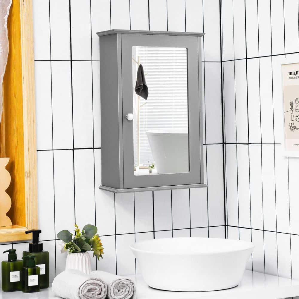 WELLFOR 13.5 in. W x 21 in. H Rectangular Gray MDF Surface Mount Medicine Cabinet with Mirror Door
