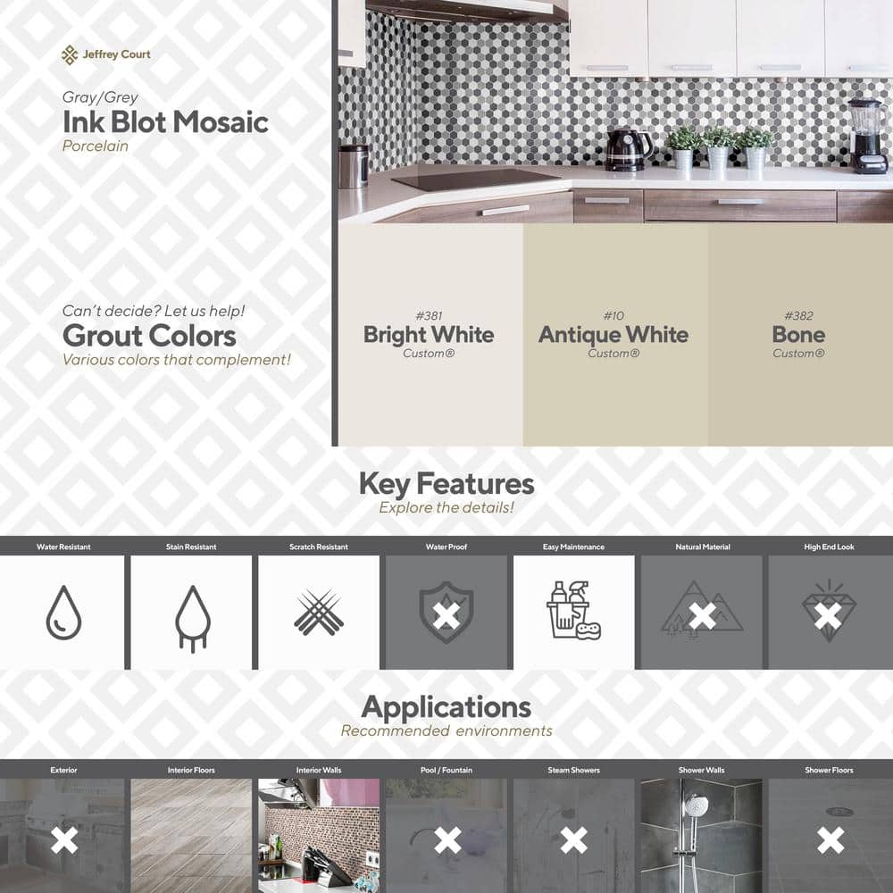 Ink Blot Gray 12.625 in. x 10.875 in. Hexagon Matte Porcelain Wall and Floor Mosaic Tile (14.30 sq. ft./Case)