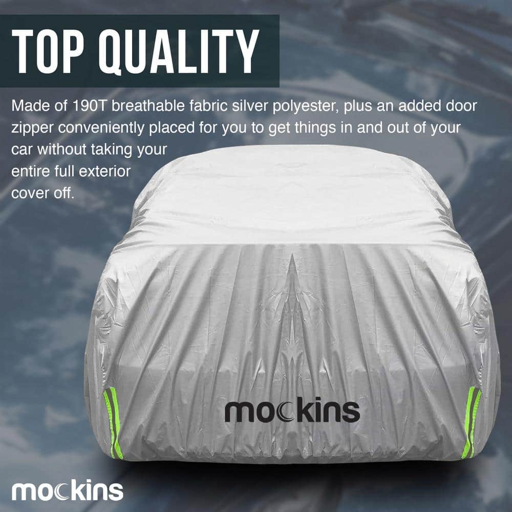 Mockins 190 in. x 75 in. x 60 in. Water Resistant Car Cover with Zipper Opening - 190T Silver Polyester-Medium Sedan
