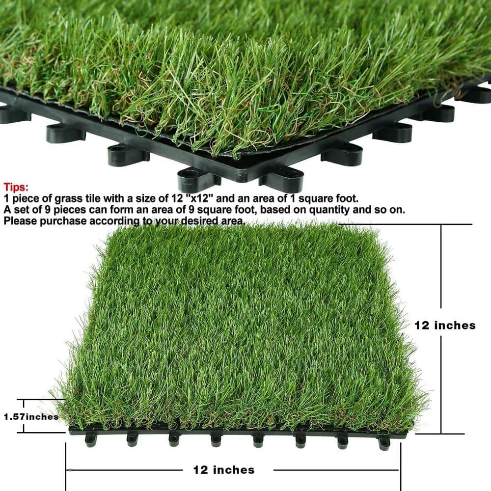 Angel Sar 1 ft. x 1 ft. Composite Green Artificial Grass Turf Interlocking Deck Tiles, Fake Grass Self-Draining Mat (9-Pieces)