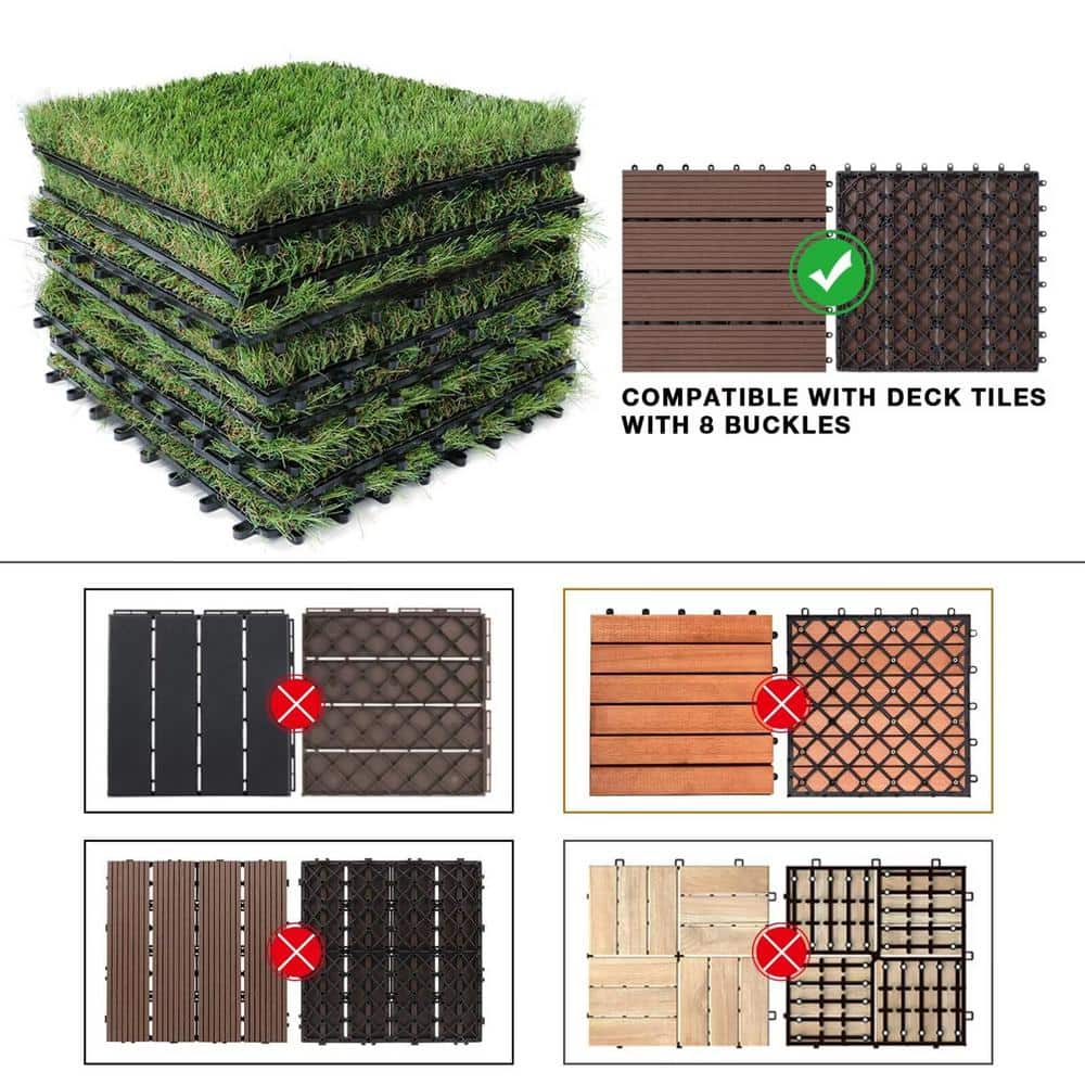 Angel Sar 1 ft. x 1 ft. Composite Green Artificial Grass Turf Interlocking Deck Tiles, Fake Grass Self-Draining Mat (9-Pieces)