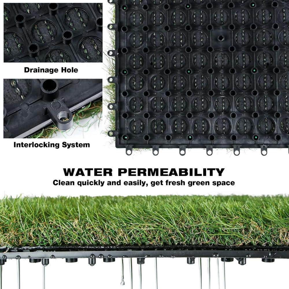 Angel Sar 1 ft. x 1 ft. Composite Green Artificial Grass Turf Interlocking Deck Tiles, Fake Grass Self-Draining Mat (9-Pieces)