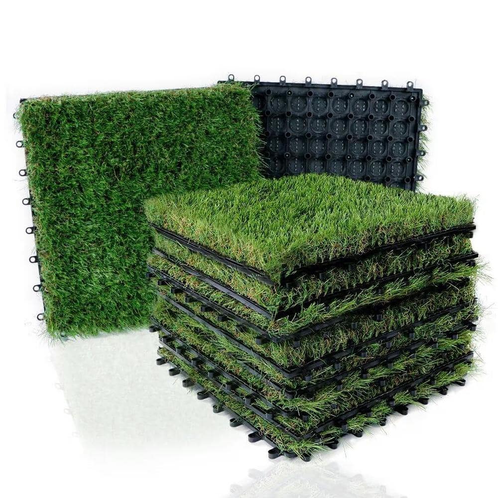 Angel Sar 1 ft. x 1 ft. Composite Green Artificial Grass Turf Interlocking Deck Tiles, Fake Grass Self-Draining Mat (9-Pieces)