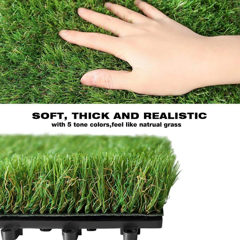 Angel Sar 1 ft. x 1 ft. Composite Green Artificial Grass Turf Interlocking Deck Tiles, Fake Grass Self-Draining Mat (9-Pieces)