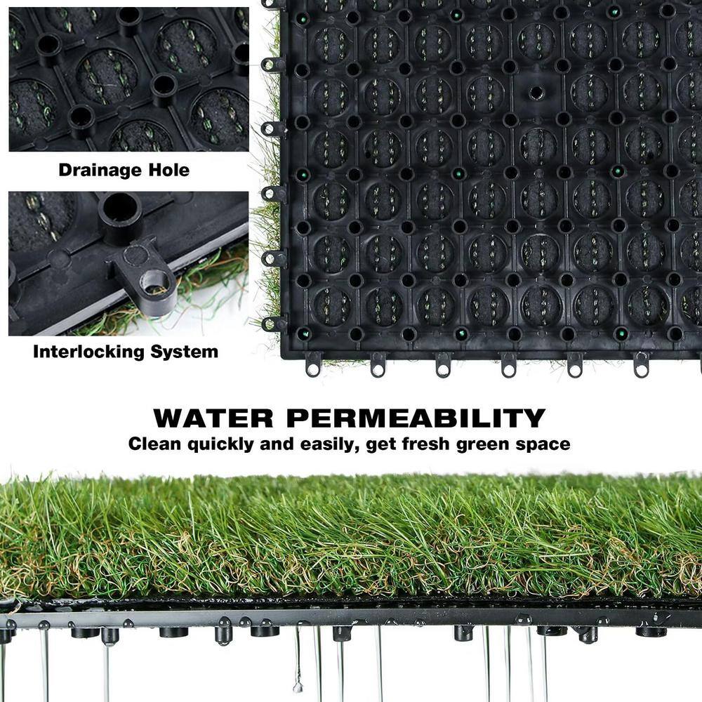Angel Sar 1 ft. x 1 ft. Composite Green Artificial Grass Turf Interlocking Deck Tiles, Fake Grass Self-draining Mat (18-Piece)
