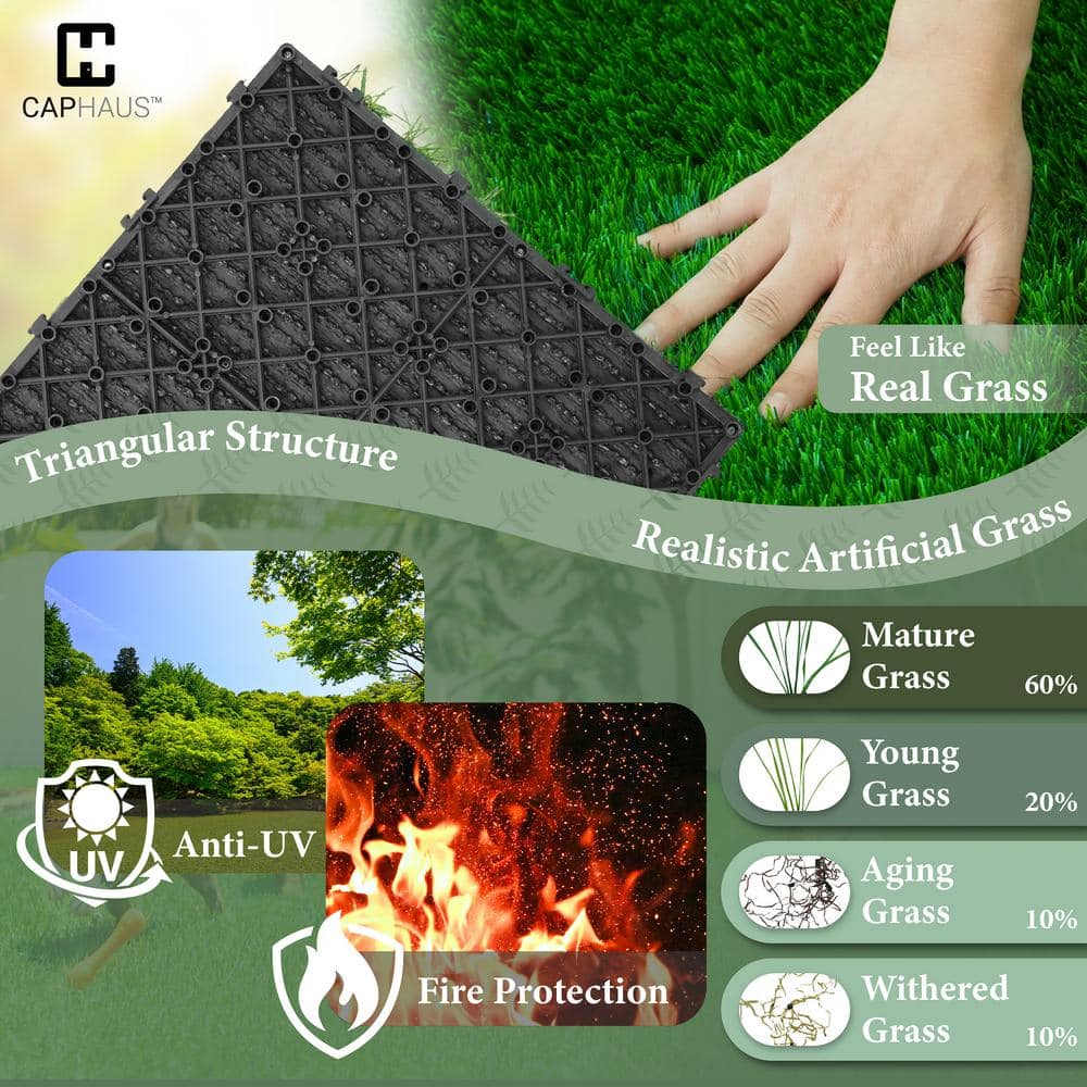 CAPHAUS 1 ft. x 1 ft. Green Artificial Grass Turf Tiles, Self-Draining Interlocking Faux Grass Pet Turf, Tile, Covers 6 sq. ft.