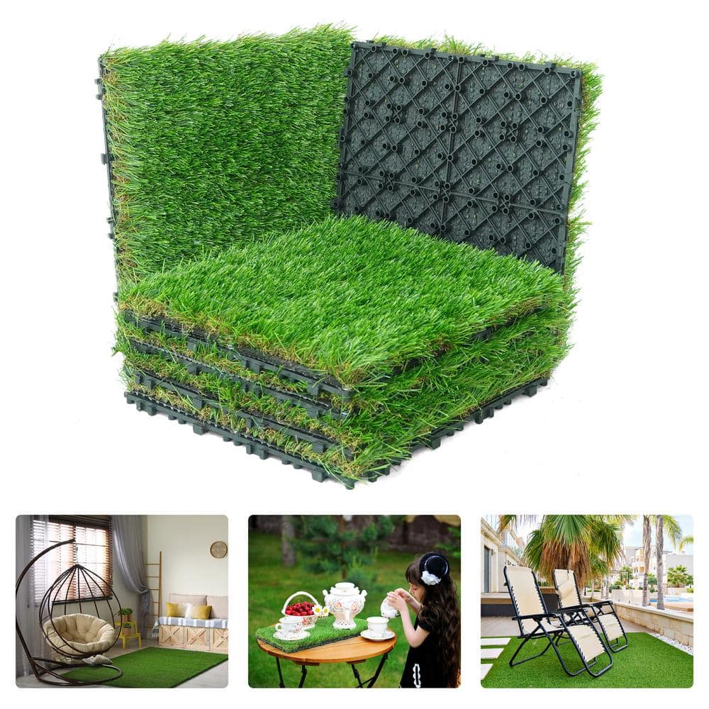 CAPHAUS 1 ft. x 1 ft. Green Artificial Grass Turf Tiles, Self-Draining Interlocking Faux Grass Pet Turf, Tile, Covers 6 sq. ft.