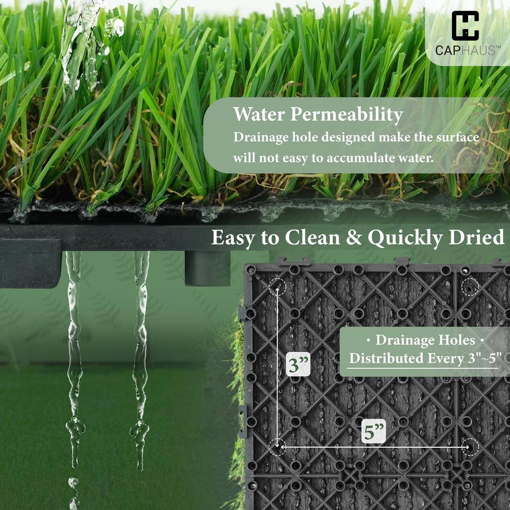 CAPHAUS 1 ft. x 1 ft. Green Artificial Grass Turf Tiles, Self-Draining Interlocking Faux Grass Pet Turf, Tile, Covers 6 sq. ft.