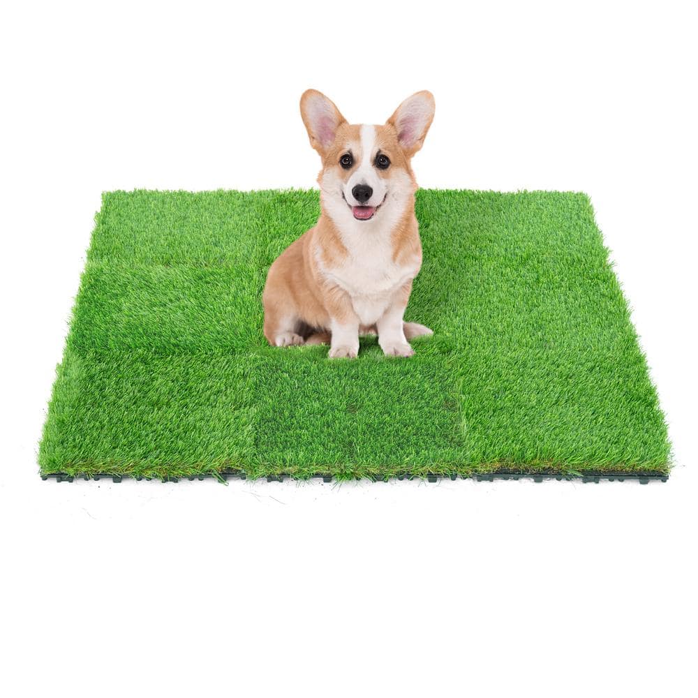 CAPHAUS Green 12 in. x 12 in. Artificial Grass Interlocking Tiles, Interlocking Fake Faux Grass Pet Turf (9 Pack)