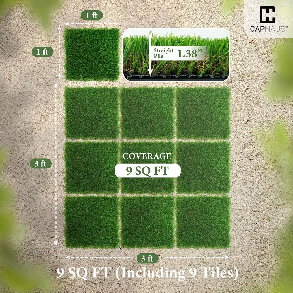 CAPHAUS Green 12 in. x 12 in. Artificial Grass Interlocking Tiles, Interlocking Fake Faux Grass Pet Turf (9 Pack)