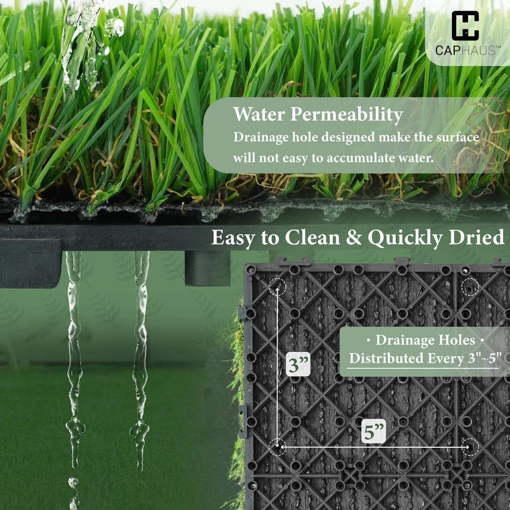 CAPHAUS Green 12 in. x 12 in. Artificial Grass Interlocking Tiles, Interlocking Fake Faux Grass Pet Turf (9 Pack)