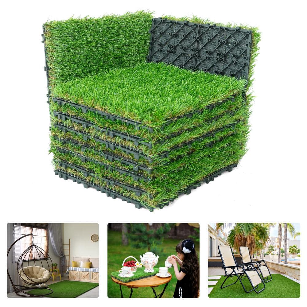 CAPHAUS Green 12 in. x 12 in. Artificial Grass Interlocking Tiles, Interlocking Fake Faux Grass Pet Turf (9 Pack)