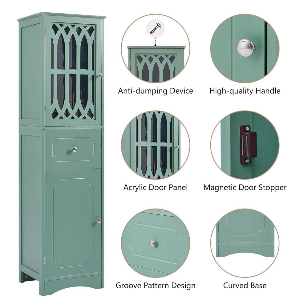 FUNKOL 14.2 in. W x 16.5 in. D x 63.8 in. H Ready to Assemble Floor Base Kitchen Cabinet in Green with 2-Doors and 1-Drawer