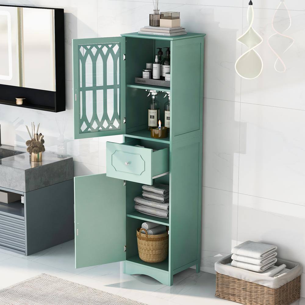 FUNKOL 14.2 in. W x 16.5 in. D x 63.8 in. H Ready to Assemble Floor Base Kitchen Cabinet in Green with 2-Doors and 1-Drawer