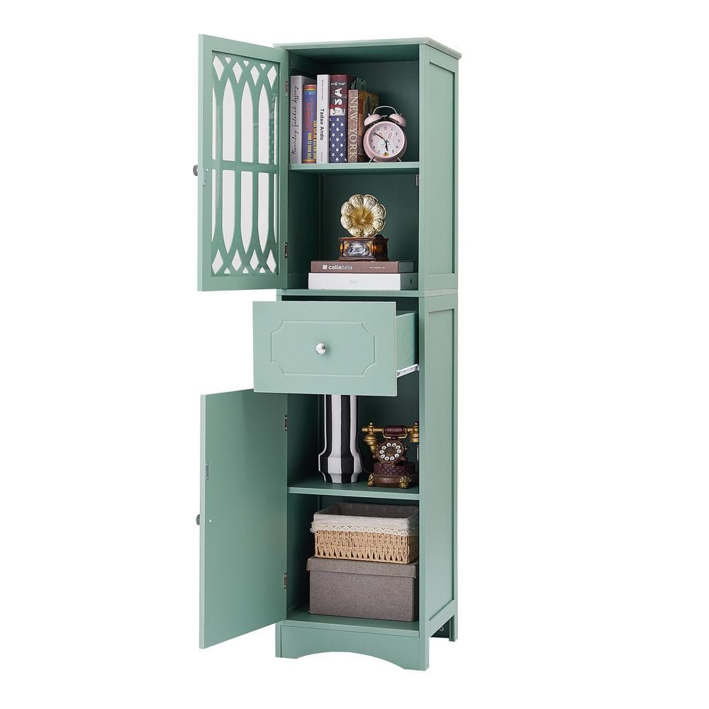 FUNKOL 14.2 in. W x 16.5 in. D x 63.8 in. H Ready to Assemble Floor Base Kitchen Cabinet in Green with 2-Doors and 1-Drawer