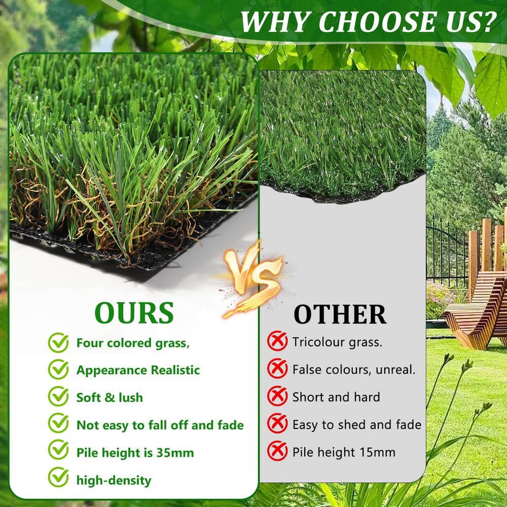 Huluwat 4 ft. x 10 ft. Green Thick Realistic Artificial Grass Rug, 1.38" Pile Height