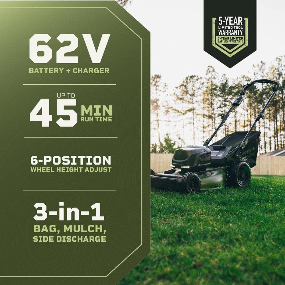 Green Machine 62V Cordless 3-in-1 High Wheel Push Walk Behind Mower, Brushless 22 In. Cutting Width with 4Ah Battery and Rapid Charger