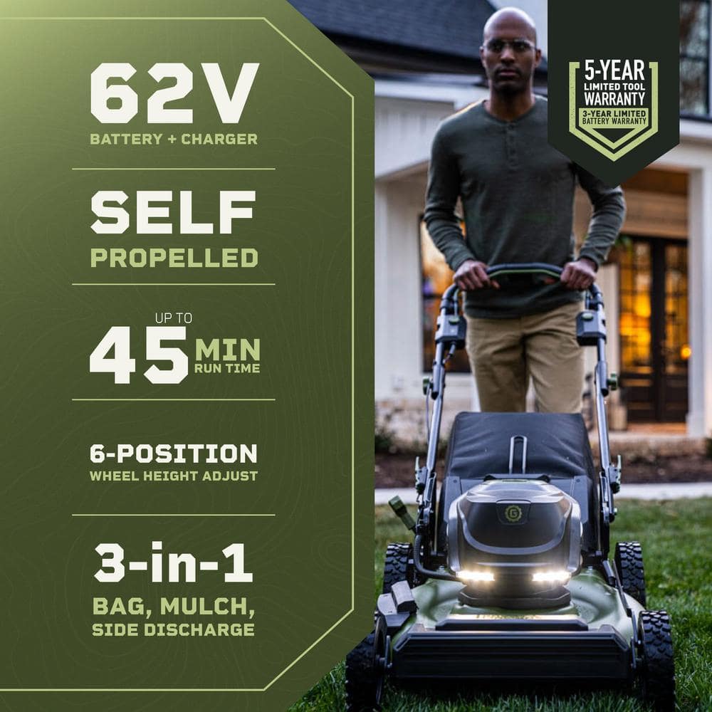 Green Machine 62V Brushless 22 in. Electric Cordless Battery Self- Propelled Lawn Mower with 2 4.0 Ah Batteries and Charger