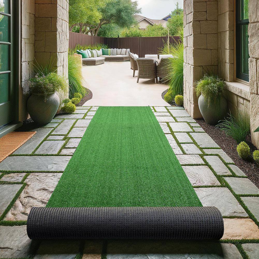 Ottomanson Evergreen Collection Waterproof Solid Grass Design 2x29 Indoor/Outdoor 2 ft. x 29 ft. ., Green, Artificial Grass