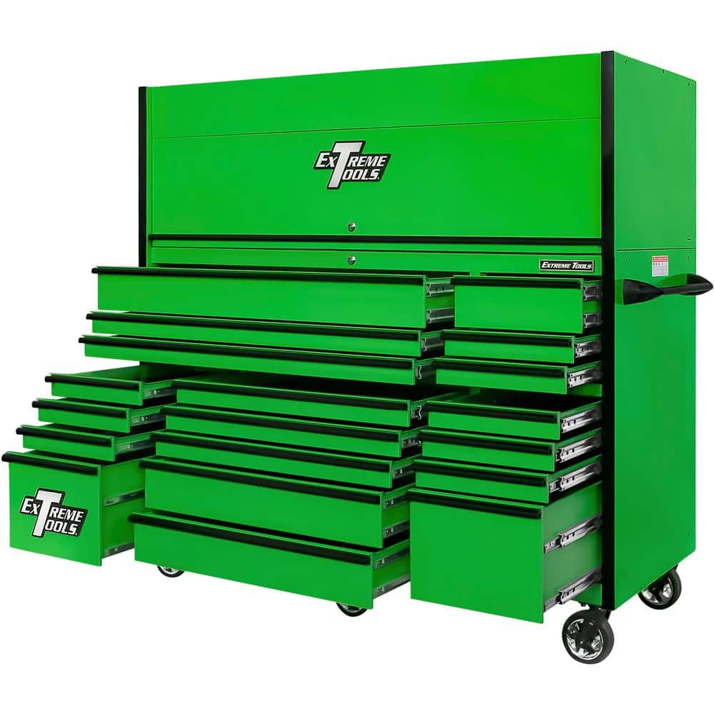 Extreme Tools RX Series Professional 72 in. W x 25 in. D 19-Drawer Hutch and Roller Cabinet Combo in Green with Black Drawer Pulls
