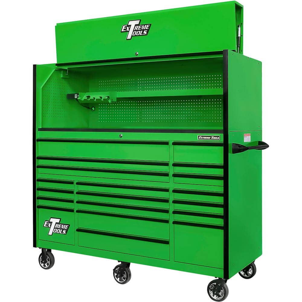 Extreme Tools RX Series Professional 72 in. W x 25 in. D 19-Drawer Hutch and Roller Cabinet Combo in Green with Black Drawer Pulls