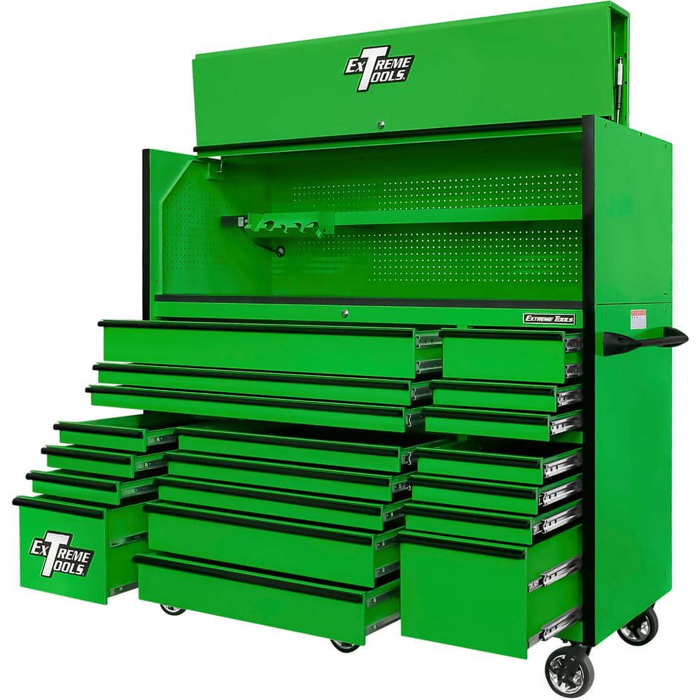 Extreme Tools RX Series Professional 72 in. W x 25 in. D 19-Drawer Hutch and Roller Cabinet Combo in Green with Black Drawer Pulls