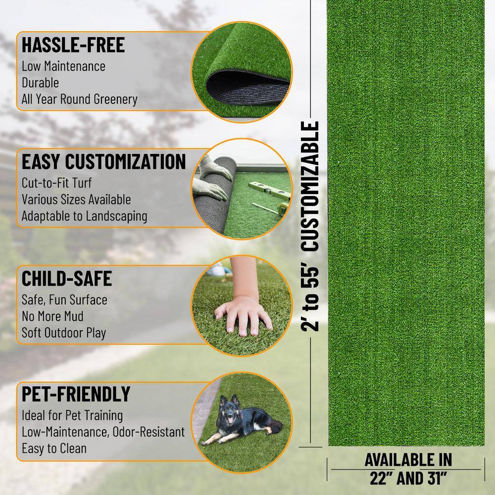 Sweet Home Stores Green 3 ft. x 30 ft. Meadowland Collection Waterproof Solid Artificial Grass Runner Rug Indoor/Outdoor Area Rug