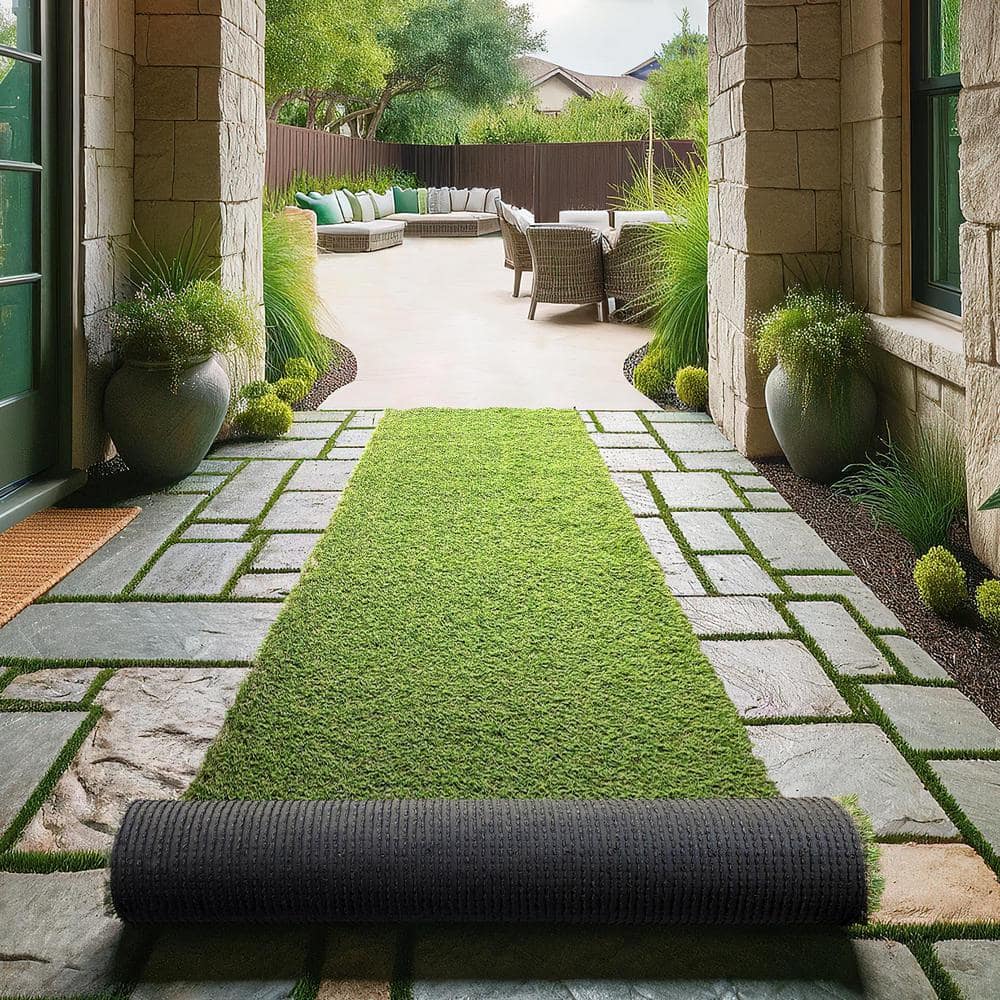 Sweet Home Stores Meadowland Collection Waterproof Solid Indoor/Outdoor (2'7" x 12') 3 ft. x 12 ft. Green Artificial Grass Runner Rug