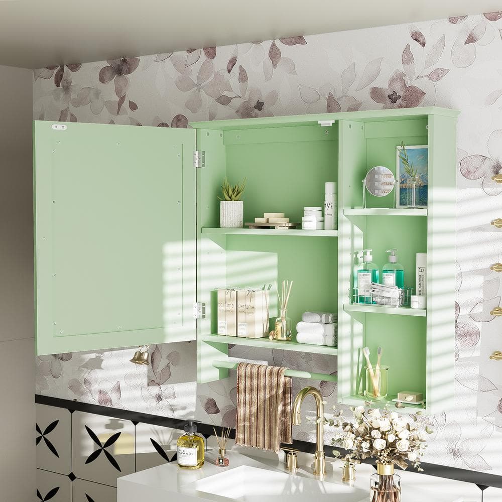 Tileon 28.85 in. W x 28 in. H Rectangular Wood Medicine Cabinet with Mirror Storage Cabinet in Green