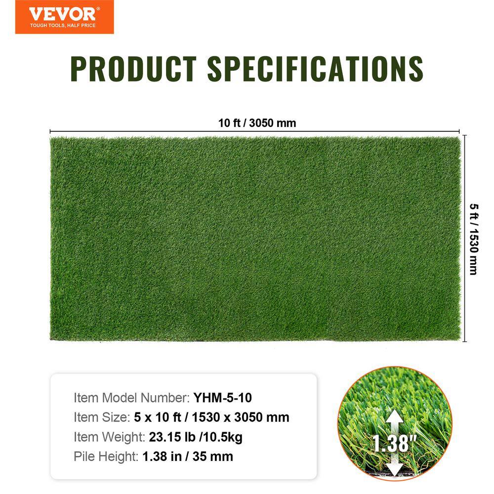 VEVOR Artificial Grass 5 ft. x 10 ft. Green Turf 1.38 in. Fake Door Mat Artificial Grass with Drainage Holes Runner Rug