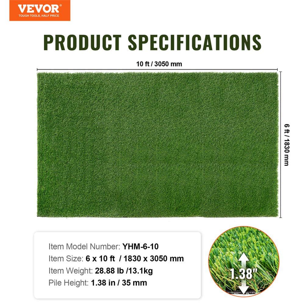 VEVOR Artificial Grass 6 ft. x 10 ft. Green Turf 1.38 in. Fake Door Mat Artificial Grass with Drainage Holes Runner Rug