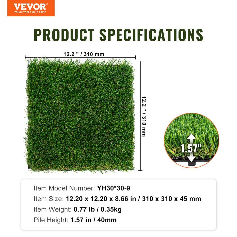 VEVOR Artificial Grass Tiles Turf Deck Set 12 x 12 in. Synthetic Fake Grass Artificial Grass Interlocking Tiles (9 Pack) Green